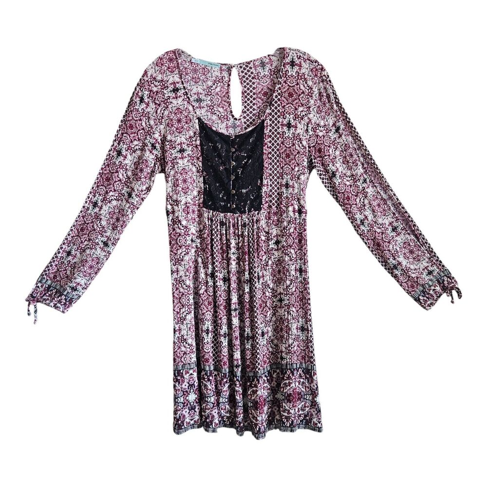 MAURICES Women's L Peasant Dress Buttons Lace Yoke Split Long Sleeve Above Knee